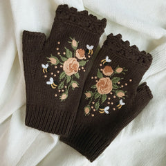 Autumn and Winter Embroidered Women's Warm Gloves