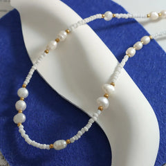 Titanium Steel Glass Bead Freshwater Pearl Necklace for Women