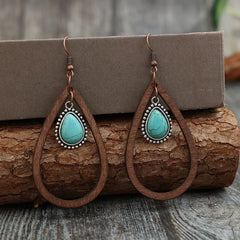 Wooden Turquoise Cutout Teardrop Earrings for Women