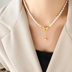 Women's Titanium Steel Freshwater Pearl Heart Necklace