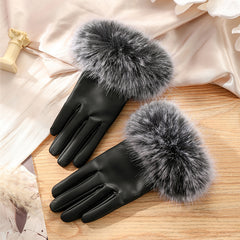 Women's Winter Gloves with Windproof and Plush Thick Artificial Fur Mouth