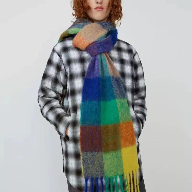 Winter Plaid Cashmere Bright Colored Fashion Checkered Scarf for Women