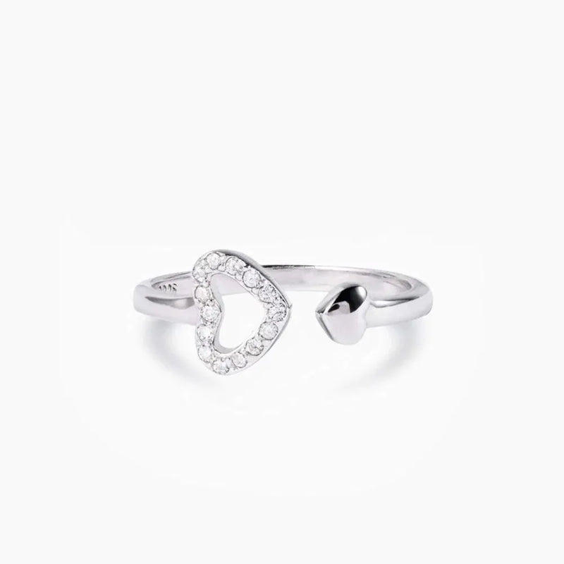 925 Sterling Silver Inlaid Zircon Heart Open Ring for Women