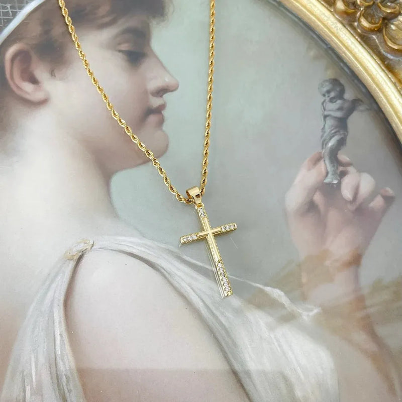 Stainless Steel Inlaid Zircon Cross Necklace for Women