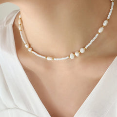 Titanium Steel Glass Bead Freshwater Pearl Necklace for Women
