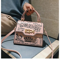 Leather Mini Chain Graffiti Crossbody Bag