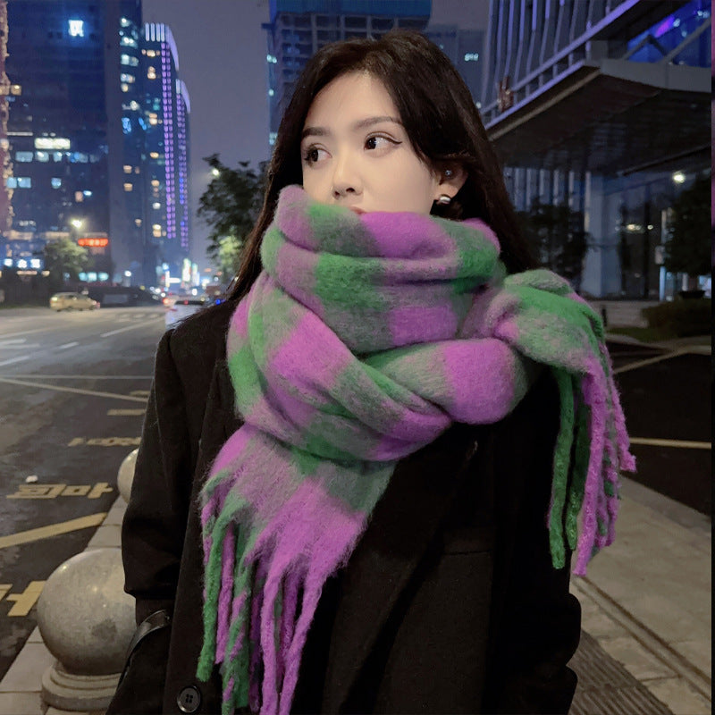 Women Plaid Winter Thick Pashmina Cashmere Scarf with Tassels