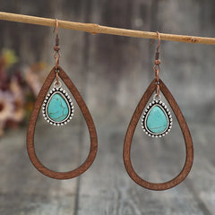 Wooden Turquoise Cutout Teardrop Earrings for Women