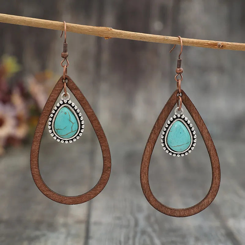 Wooden Turquoise Cutout Teardrop Earrings for Women