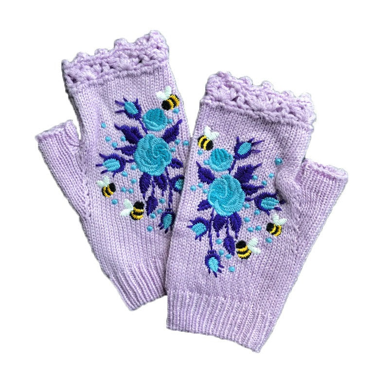 Autumn and Winter Embroidered Women's Warm Gloves