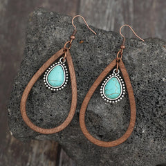 Wooden Turquoise Cutout Teardrop Earrings for Women