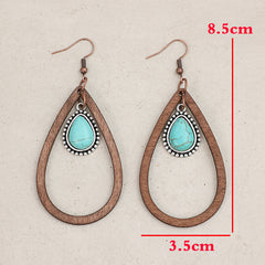 Wooden Turquoise Cutout Teardrop Earrings for Women