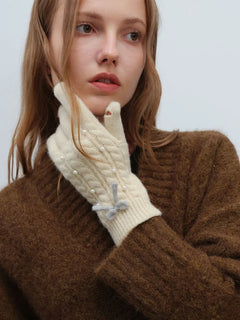 Women's Thermal Pearl Detail Bow Five-Finger Gloves