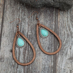 Wooden Turquoise Cutout Teardrop Earrings for Women