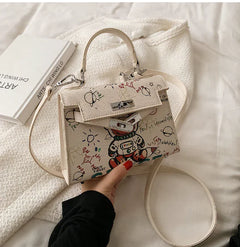 Leather Mini Chain Graffiti Crossbody Bag