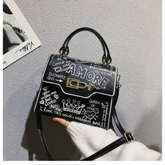 Leather Mini Chain Graffiti Crossbody Bag