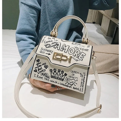 Leather Mini Chain Graffiti Crossbody Bag
