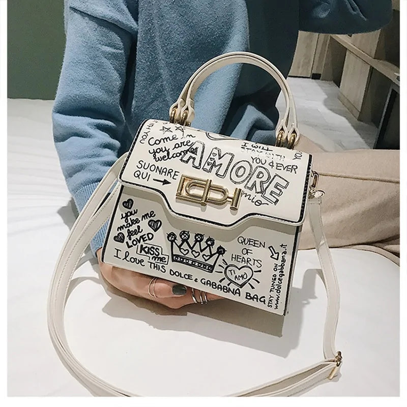 Leather Mini Chain Graffiti Crossbody Bag